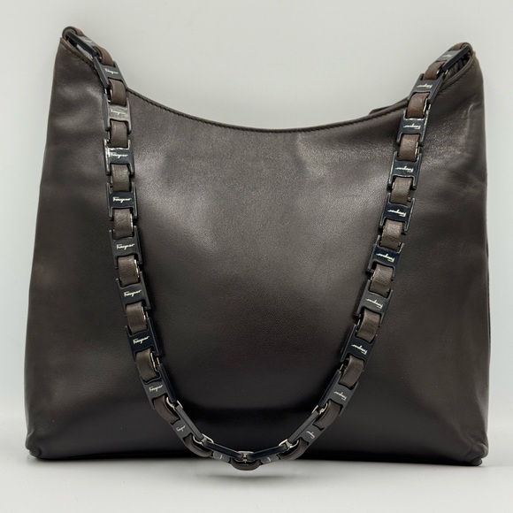 Salvatore Ferragamo Handbags - Salvatore Ferragamo Dark Brown Leather Shoulder Bag with Chain Strap